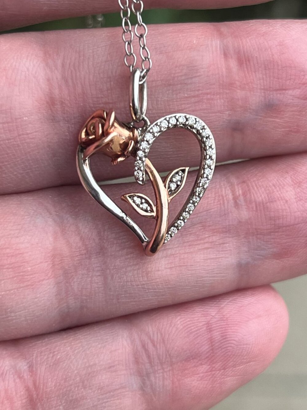 Disney Belle Diamond Rose Heart Necklace 925 Silver 10K Rose Gold .270 CTW 19"